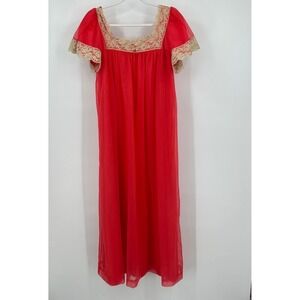 Vintage Women Sz M Coral Sheer Lace Trim Nightgown Cottagecore Romantic Lingerie